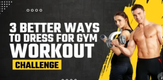 3 Better ways to dress for gym workout A fitness banner showing a smiling man and woman lifting dumbbells against a black and yellow background with the text: "3 Better Ways to Dress for Gym Workout Challenge."