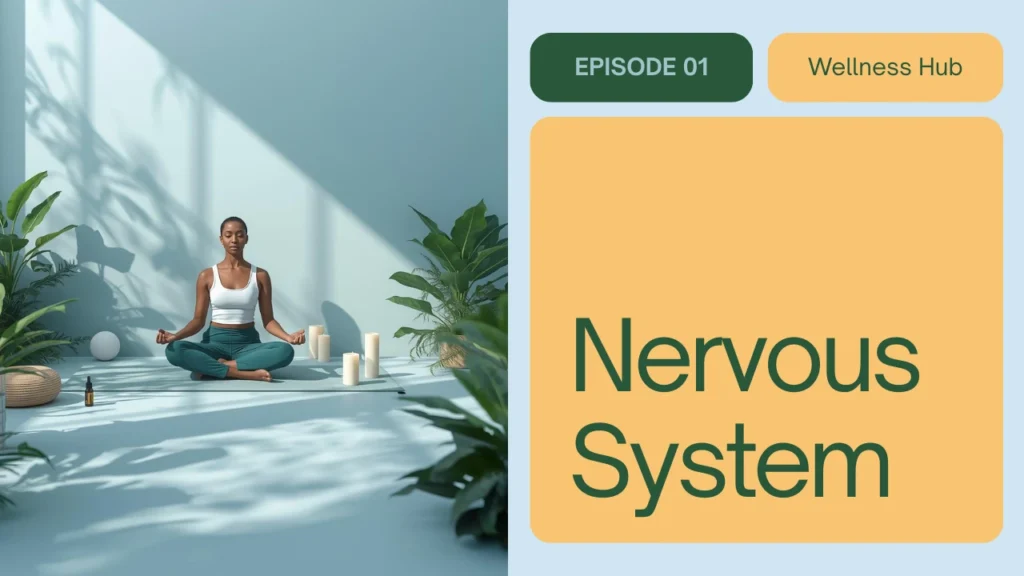 An episode thumbnail shows a woman meditating in a cross-legged pose in a blue room surrounded by plants and candles. Graphic text overlay reads "EPISODE 01," "Wellness Hub," and the title "Nervous System."