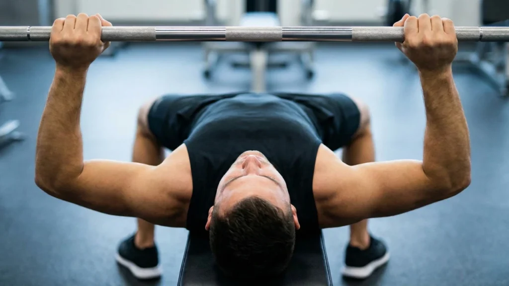 An overhead shot of a man lying on a weight bench, gripping a silver barbell with both hands while performing a bench press exercise in a gym.