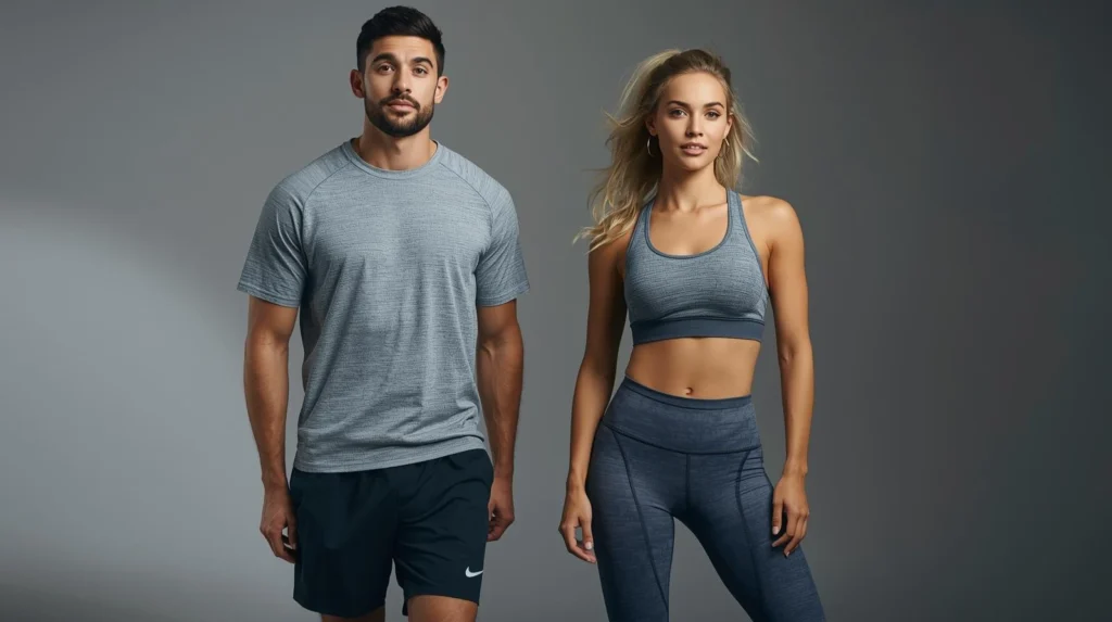 A male and female fitness model pose in matching speckled gray athletic wear, including a t-shirt, shorts, sports bra, and leggings, against a plain gray studio background.