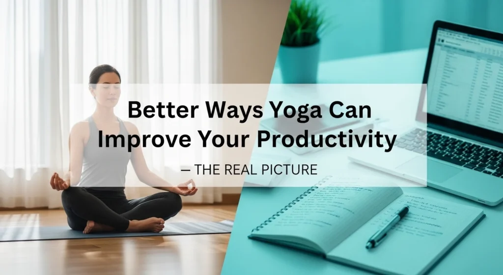 Woman practicing yoga in a seated meditation pose indoors beside a desk with laptop and notebook, with text overlay reading “Better Ways Yoga Can Improve Your Productivity – The Real Picture.”
