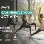 Better Ways Yoga Can Improve Your Productivity: 8 Proven Benefits Backed by Science Group of women practicing yoga in a bright studio with large windows, performing a lunge pose, with text overlay reading “Better Ways Yoga Can Improve Your Productivity – 8 Proven Benefits Backed by Science,” and icons highlighting focus, cognitive function, and energy.