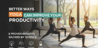 Better Ways Yoga Can Improve Your Productivity: 8 Proven Benefits Backed by Science Group of women practicing yoga in a bright studio with large windows, performing a lunge pose, with text overlay reading “Better Ways Yoga Can Improve Your Productivity – 8 Proven Benefits Backed by Science,” and icons highlighting focus, cognitive function, and energy.