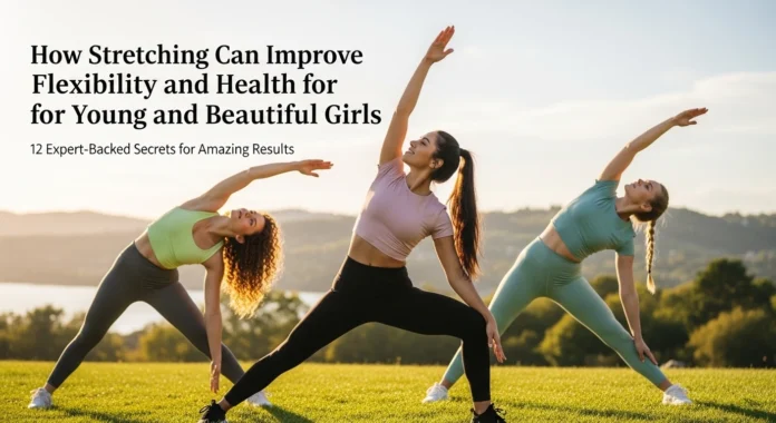 Three women performing outdoor stretching for flexibility exercises at sunrise, demonstrating a group fitness routine to improve flexibility and health.