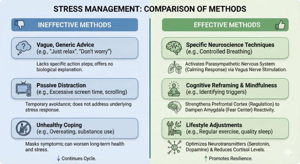 Infographic titled "Stress Management: Comparison of Methods" displays a two-column chart contrasting blue ineffective stress coping techniques (like vague advice and passive distraction) with green effective strategies (including neuroscience techniques, cognitive reframing, and lifestyle adjustments). The chart details the biological outcomes of the effective methods, such as activating the parasympathetic nervous system and optimizing neurotransmitters.