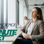 How to Reset Your Mind in 5 Minutes: Science-Backed Techniques to Feel Calm Fast A professional woman in a blazer sits at her office desk with her eyes closed, taking a moment to relax, while the overlay text reads: "NEUROSCIENCE SAYS THIS 5-MINUTE RESET Can Calm Your Mind Instantly." and This way You can reset your mind in 5 Minutes
