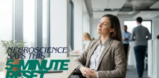 How to Reset Your Mind in 5 Minutes: Science-Backed Techniques to Feel Calm Fast A professional woman in a blazer sits at her office desk with her eyes closed, taking a moment to relax, while the overlay text reads: "NEUROSCIENCE SAYS THIS 5-MINUTE RESET Can Calm Your Mind Instantly." and This way You can reset your mind in 5 Minutes