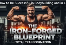 5 Core Principles Behind Being Successful in Bodybuilding and in LifeHow to be successful in bodybuilding, and in life! A muscular bodybuilder performs a double bicep pose in a dark gym setting with a barbell visible on either side. The image includes the text: "How to Be Successful in Bodybuilding and in Life," and the large metallic title, "THE IRON-FORGED BLUEPRINT TOTAL TRANSFORMATION."
