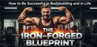 5 Core Principles Behind Being Successful in Bodybuilding and in LifeHow to be successful in bodybuilding, and in life! A muscular bodybuilder performs a double bicep pose in a dark gym setting with a barbell visible on either side. The image includes the text: "How to Be Successful in Bodybuilding and in Life," and the large metallic title, "THE IRON-FORGED BLUEPRINT TOTAL TRANSFORMATION."