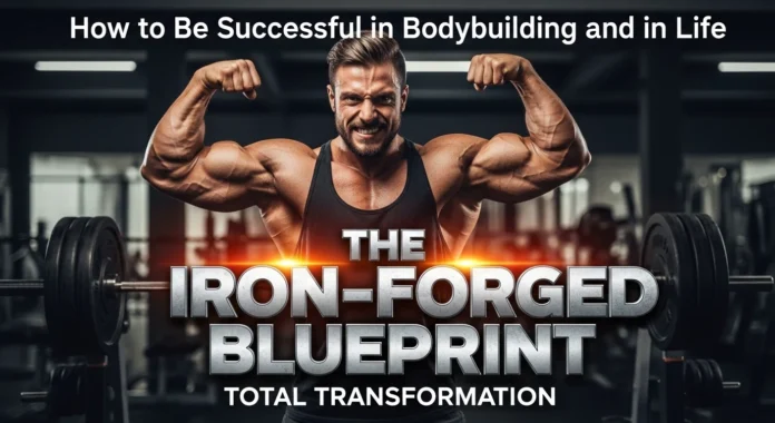 A muscular bodybuilder performs a double bicep pose in a dark gym setting with a barbell visible on either side. The image includes the text: "How to Be Successful in Bodybuilding and in Life," and the large metallic title, "THE IRON-FORGED BLUEPRINT TOTAL TRANSFORMATION."
