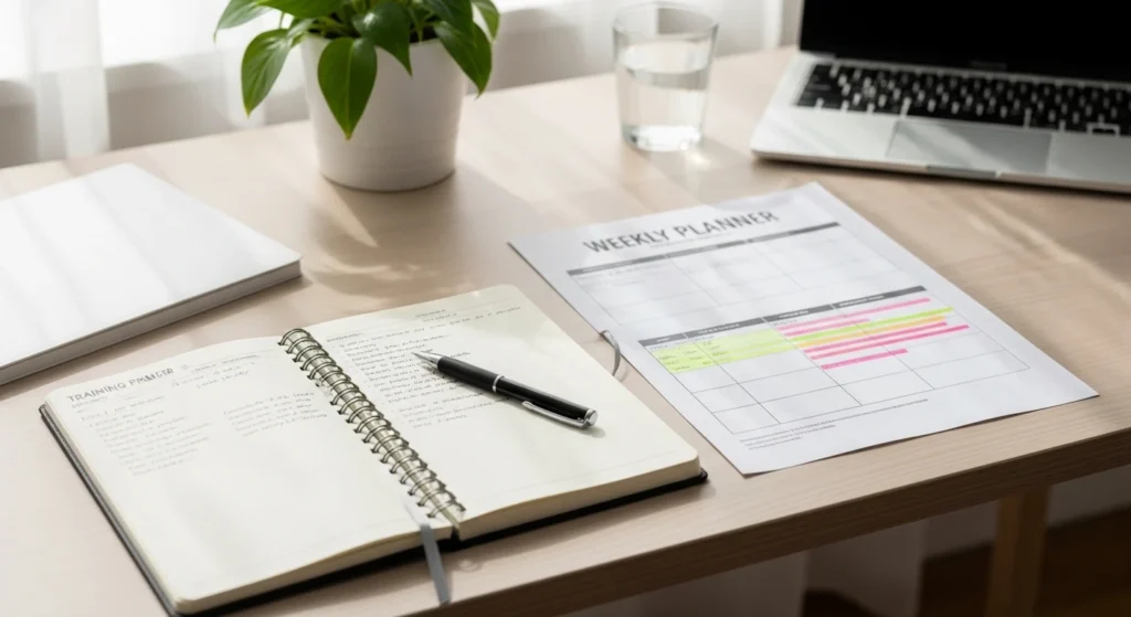 A brightly lit desktop shows productivity items, including an open spiral notebook with a pen and a printed "WEEKLY PLANNER" sheet with highlighted tasks. The setup also includes a silver laptop, a glass of water, and a potted green plant.