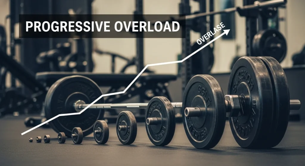 A grayscale image showing progressively larger barbell weight plates arranged on a gym floor, symbolizing increasing intensity. A white rising graph line is drawn over the weights, labeled "PROGRESSIVE OVERLOAD" at the top and "OVERLASE" along the arrow.