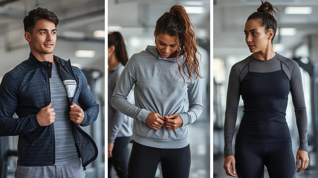 Three fitness models showcase different athletic apparel styles in a gym setting, including a man in a textured zip-up jacket, a woman in a grey drawstring hoodie, and a woman wearing a black and grey long-sleeve compression shirt.