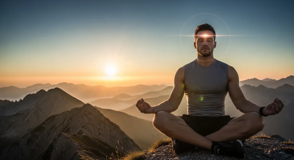 A man sits in a meditative pose on a mountain summit overlooking a rugged range at sunset, with a glowing white light radiating from his forehead (representing the third eye chakra).