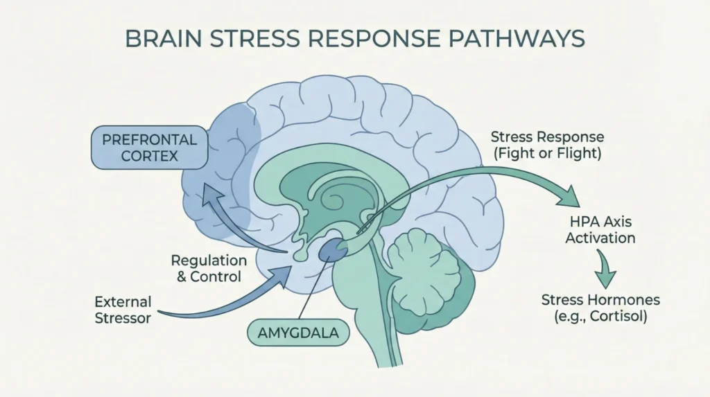Diagram illustrating the brain's stress response pathways, showing how an external stressor activates the amygdala and prefrontal cortex, leading to the "Fight or Flight" response, HPA axis activation, and the release of stress hormones (cortisol).
