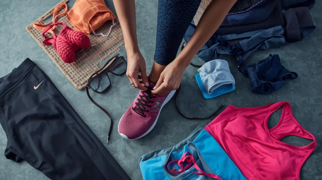 A person's hands lace up a magenta running shoe, surrounded by various workout essentials like black athletic pants, a pink tank top, gloves, and eyeglasses, laid out on a gray floor.