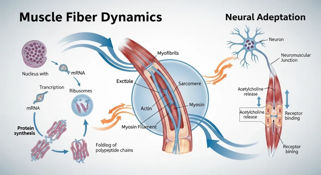 A comprehensive biological diagram illustrating muscle fiber dynamics, protein synthesis (nucleus, mRNA, ribosome cycle), and neural adaptation. The image shows how a neuron connects to the muscle fiber via the neuromuscular junction, triggering acetylcholine release and receptor binding within the sarcomere structure (actin and myosin).