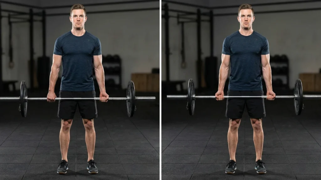 A man in a dark blue shirt stands in a gym, demonstrating the proper supinated (underhand) grip on a weighted barbell, presented in a dual-panel composition.