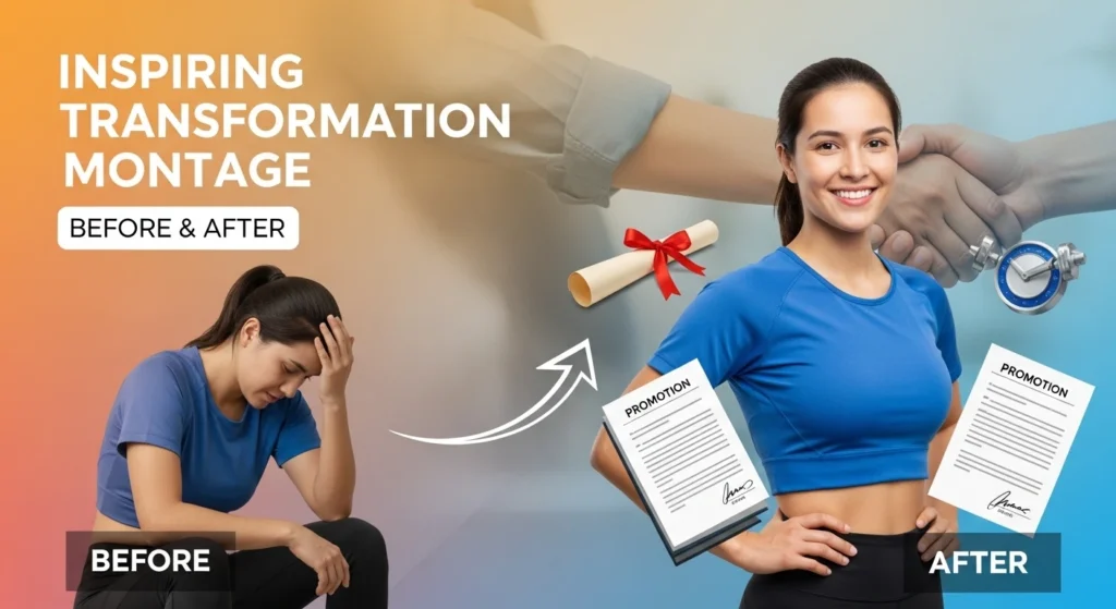 A transformation montage titled "INSPIRING TRANSFORMATION MONTAGE" contrasts a stressed woman (BEFORE) with the same woman smiling and fit (AFTER). The "AFTER" side features visual symbols of achievement, including a diploma, a promotion document, and a handshake.