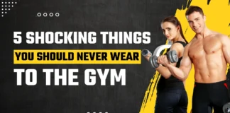 5 Gym Outfit Mistakes That Instantly Ruin Your Workout Fitness graphic showing a muscular man and woman with dumbbells against a black and yellow background, overlaid with the text: "5 SHOCKING THINGS YOU SHOULD NEVER WEAR TO THE GYM."