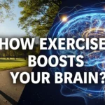 How physical exercise makes your brain better? Graphic depicting a woman running in a sunny park juxtaposed with a glowing blue visualization of a highly active human brain. The text overlay asks: "HOW EXERCISE BOOSTS YOUR BRAIN?"
