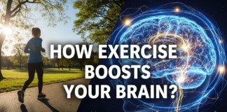 How physical exercise makes your brain better? Graphic depicting a woman running in a sunny park juxtaposed with a glowing blue visualization of a highly active human brain. The text overlay asks: "HOW EXERCISE BOOSTS YOUR BRAIN?"