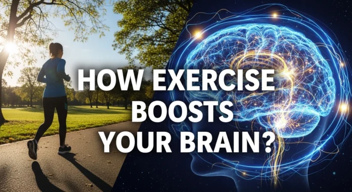 Graphic depicting a woman running in a sunny park juxtaposed with a glowing blue visualization of a highly active human brain. The text overlay asks: "HOW EXERCISE BOOSTS YOUR BRAIN?"