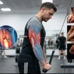 7 Proven Exercises to Build Triceps and Biceps Fast Diagram showing a man performing a cable triceps extension exercise in a gym, augmented with anatomical overlays identifying the active triceps muscle groups (Long Lateral, Medial, and Lateral heads).