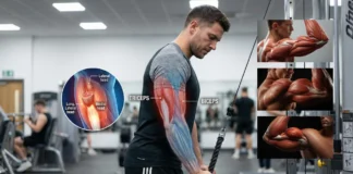 7 Proven Exercises to Build Triceps and Biceps Fast Diagram showing a man performing a cable triceps extension exercise in a gym, augmented with anatomical overlays identifying the active triceps muscle groups (Long Lateral, Medial, and Lateral heads).