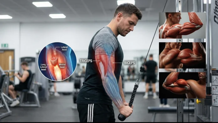 man performing tricep exercise showing three heads of tricep muscle with keyword triceps and biceps Diagram showing a man performing a cable triceps extension exercise in a gym, augmented with anatomical overlays identifying the active triceps muscle groups (Long Lateral, Medial, and Lateral heads).