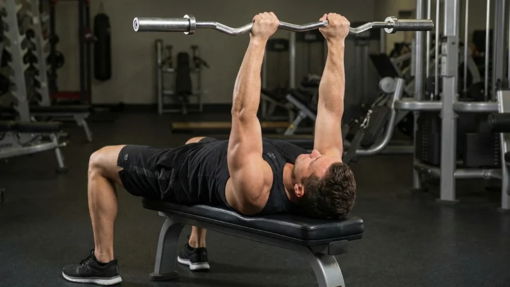 Muscular man lying on a flat weight bench in a gym, holding a silver EZ curl bar with fully extended arms, performing the starting position of an overhead triceps extension.