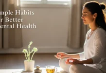 Better Mental Health: 9 Simple Habits That Actually Work Woman meditating at home with tea and plant, practicing simple habits for better mental health and emotional well-being.