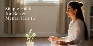 Better Mental Health: 9 Simple Habits That Actually Work Woman meditating at home with tea and plant, practicing simple habits for better mental health and emotional well-being.