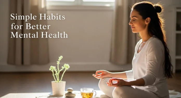 Woman meditating at home with tea and plant, practicing simple habits for better mental health and emotional well-being.