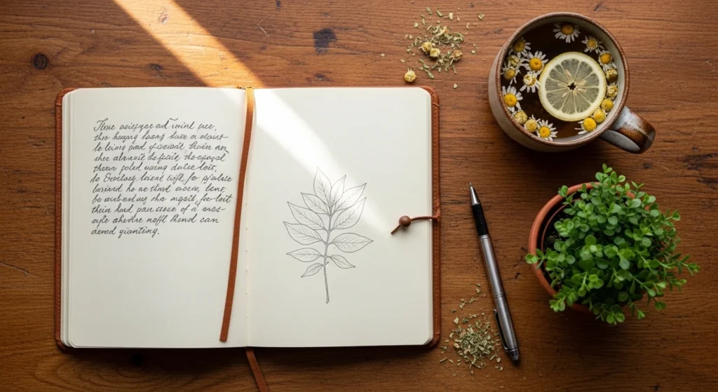 Flat lay of an open journal with handwritten notes, herbal tea with lemon, and a small green plant on a wooden desk, symbolizing mindfulness and better mental health habits.