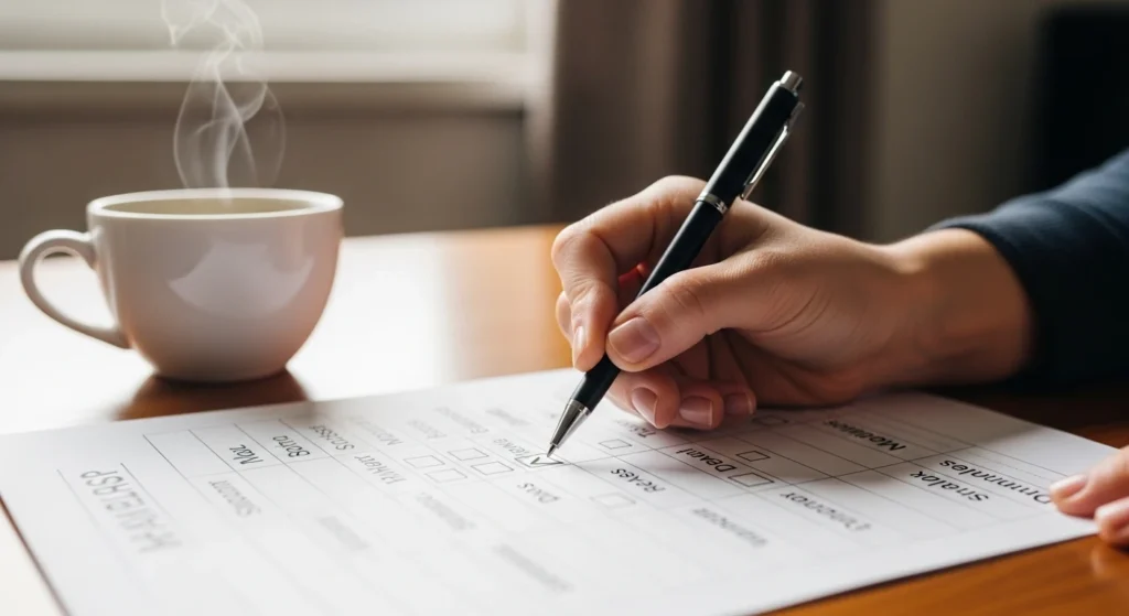 Person filling out a checklist on paper with a pen beside a cup of tea, representing simple daily habits for better mental health and improved productivity.